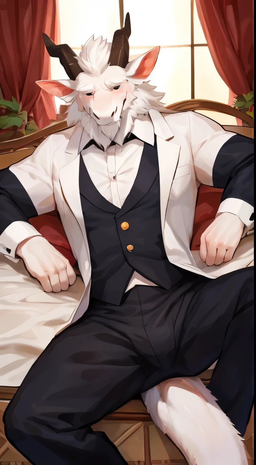 (masterpiece, best quality:1.2), man, solo, 1 dragon, dragon, fur dragon, white dragon, white fur body, fur body, white fur, white fur dragon, ears, white ears, big ears, fur ears, ears drooped back, hairy ears, fluffy fur, fur body, big horn, dilf, old man, old, grandpa, really old man, (about 70 years old), huge, tall, daddy, legs, tail, bangs, white beard, beard above mouth, looking pleasured, sexually, sexy pose, SFW, long white hair, hairy, skinny body, slim, thin, (male anthro dragon:1.3), (white body:1.1), huge pecs, look at view, detail hands, butler, butler outfit, shirt, pant, very detail, look at view, first person view, wearing glasse, by bebebebebe, by syuro, lying on bed, dakimakura