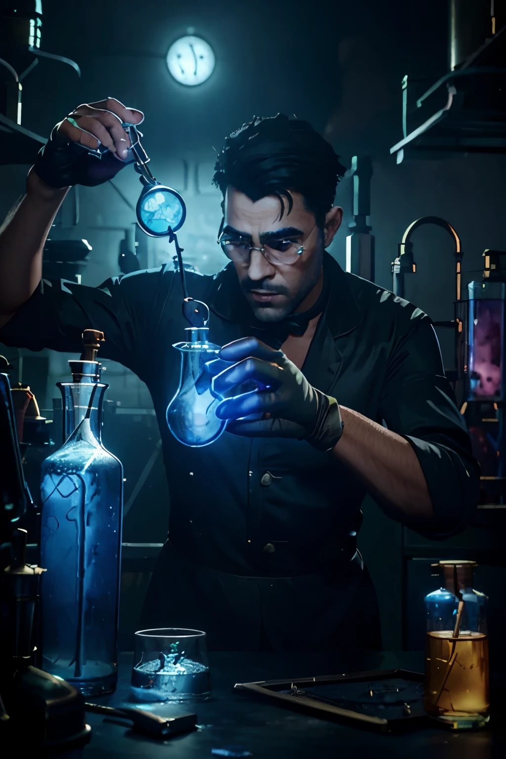 Cartoon style handsome man stirring magic potions in a sick laboratory, using doctors&#39; glasses and gloves to make a blue potion, detalhado e complexo, full hd, 4k