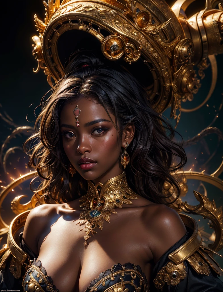(masterpiece, top quality, best quality, official art, beautiful and aesthetic:1.2), (1girl:1.3), African, extreme detailed,(fractal art:1.3),colorful, highest detailed, large breast (very dark skin), (golden lips, black eyes), (light painting :1.3), (auto-destructive art :1.3)