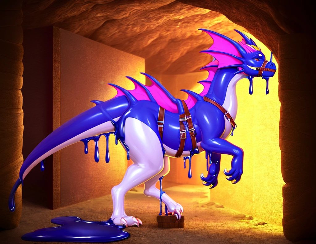 Hd, photorealistic, masterpiece, fantasy, half transformation, part human, young man struggling to remove the latex rubber goo ooze spreading over his body, morphing into indigo dogwood rose eggshell white rubber dragon mount, wearing riding saddle, bridle, harness, and plate barding, human latex rubber dragon mount hybrid metamorphosis, inside cavern stable for dragons