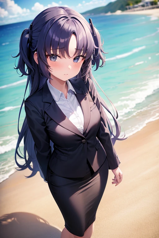 1girl, yuuka, beach background, suit, office lady, black skirt, black blazer, pencil skirt, long skirt, white shirt, collared shirt, long hair, teenager, looking at viewer, full body