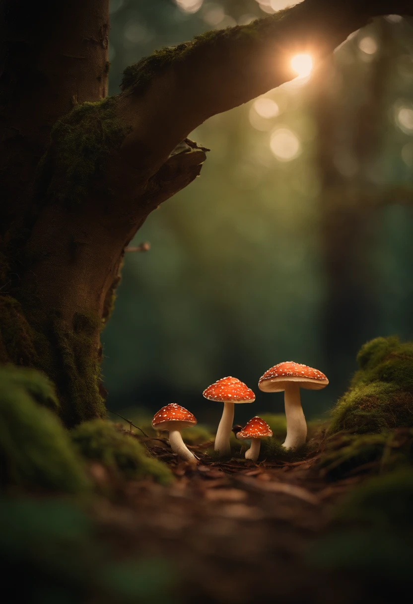A whimsical, fairytale-inspired scene set in a magical forest, where vibrant mushrooms dot the forest floor and woodland creatures adorn the trees with twinkling lights