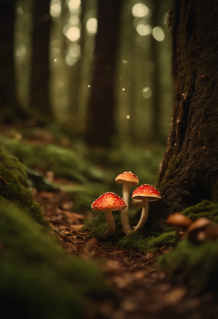 A whimsical, fairytale-inspired scene set in a magical forest, where vibrant mushrooms dot the forest floor and woodland creatures adorn the trees with twinkling lights