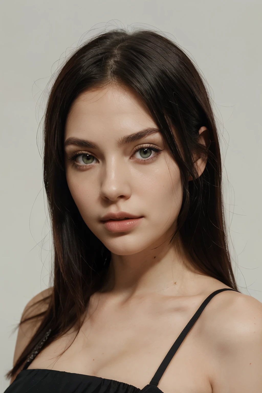woman, white skin, green eyes, red and black hair like ombre, lip structure that is not too thin or too thick, white background