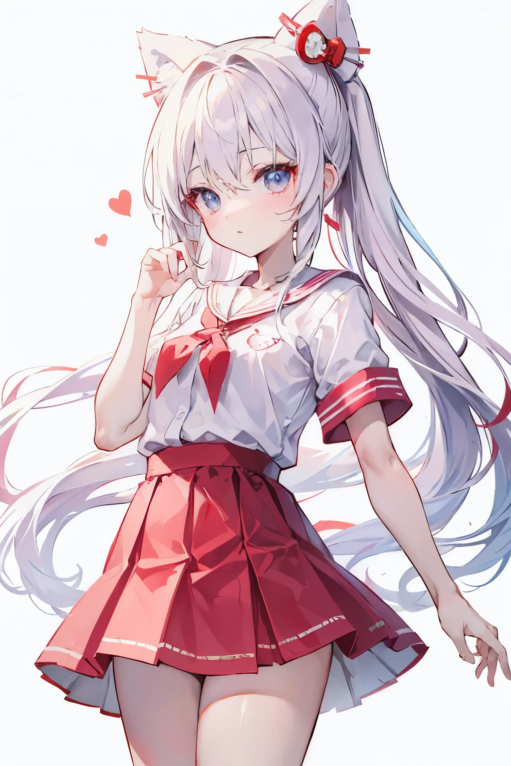 if hello kitty was a short height small chest cosplaying cute loli white long hair with red ribbon anime girl wearing school uniform. white background