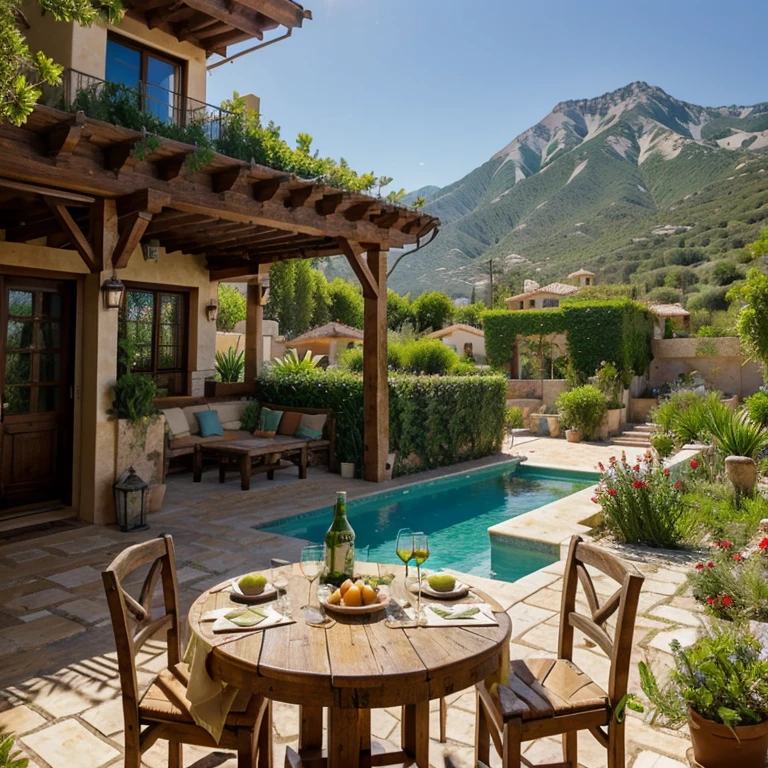 Rustic and Mediterranean style house with a lush garden surrounded by mountains, con el mar al fondo,una mesa con productos de la huerta como pimiento verde y tomate y queso