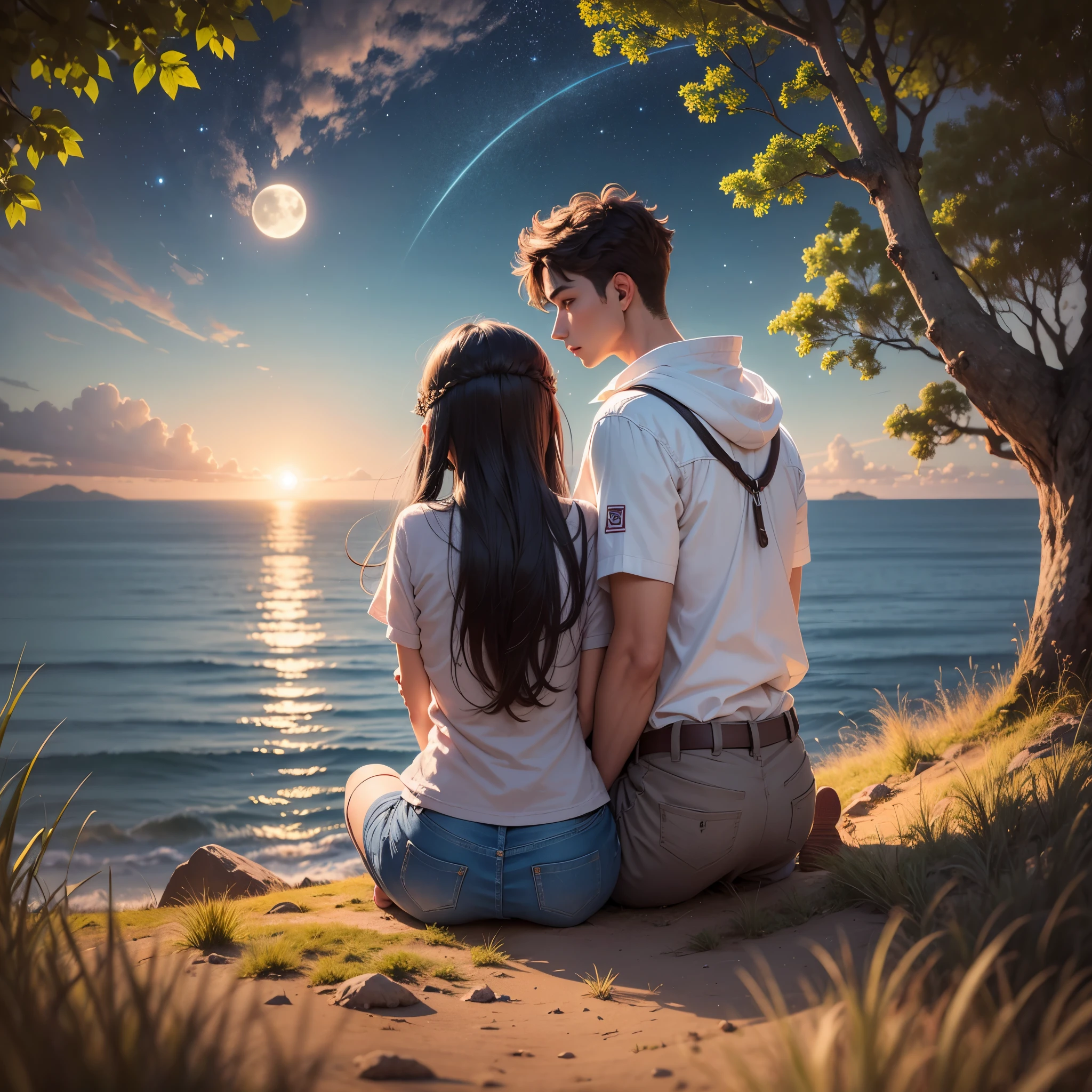 a boy sitting along with girl , hand of boy on girl's back , head of girl leaning over shoulder of boy , both sitting under clear sky , on the cliff in forest , facing ocean , moon near the ocean surface , timing of dusk , some stars in sky --auto --s2