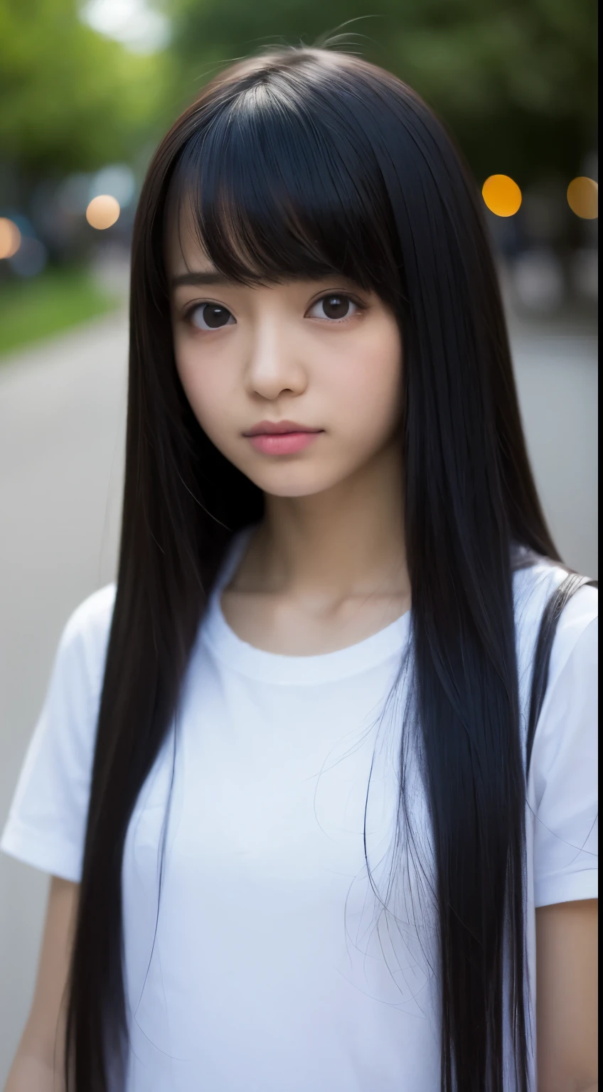 (4k, best quality, High definition, Ultra High definition: 1.1), (master part, Realistic, fotorrealista: 1.1), japanese girl, Japan person, cute, college student, long black hair, mangas curtas brancas, desfoque de fundo, Roupas leves, light skin, skinny, young ,fringe