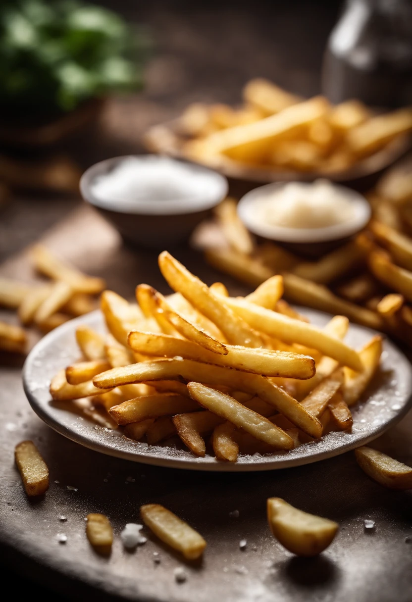 A high-resolution image of a plate of crispy, golden french fries, with the salt crystals glistening on their surface, capturing the irresistible appeal of this classic potato dish