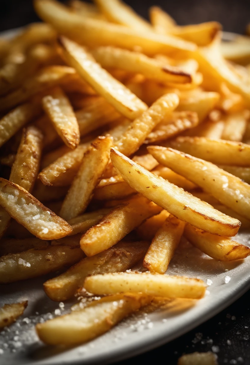 A high-resolution image of a plate of crispy, golden french fries, with the salt crystals glistening on their surface, capturing the irresistible appeal of this classic potato dish