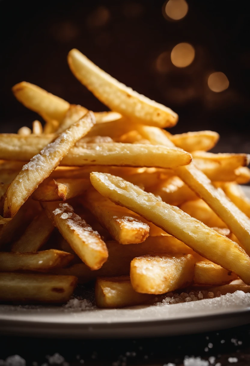 A high-resolution image of a plate of crispy, golden french fries, with the salt crystals glistening on their surface, capturing the irresistible appeal of this classic potato dish