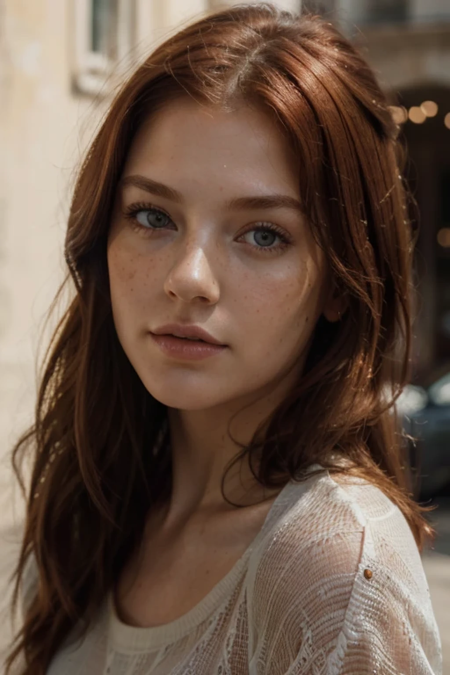(Best quality,high resolucion,Masterpiece:1.2),Ultra-detailed,Realstic,portrait,cheveux roux,pronounced visage traits,peu de taches de rousseur,chemisier blanc transparent,sunglasses on head,tons de couleurs chaudes,softlighting