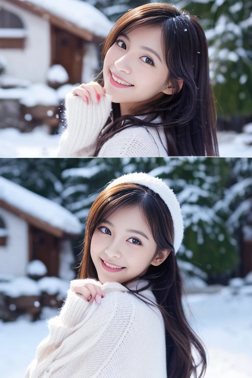 Beautiful woman with good eyes and nose、Beautiful as a model、Cute like a model、Eyes are double、How to use regular mascara、Eye color blue、Hair color pink、Her face is delicate and elegant.、8k picture、Beautiful style like a model、Ordinary large、A refreshing and lovely smile、Snowball fight scene、Contains 2 types of scenes: inside and outside the house、Pose like a model、Overall portrait、Snapshots、Glamaloid Smile、Beautiful and delicate face like a model、Best Quality、masuter piece、Cute smile、 Atmosphere、Elegant beauty、The season is winter、