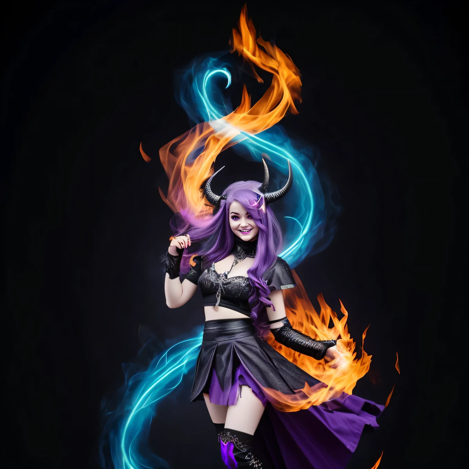 SFW, black bluse grey skirt, smile, demon girl with purple hair, glowing horns winter and fire tornado, lifting skirt,