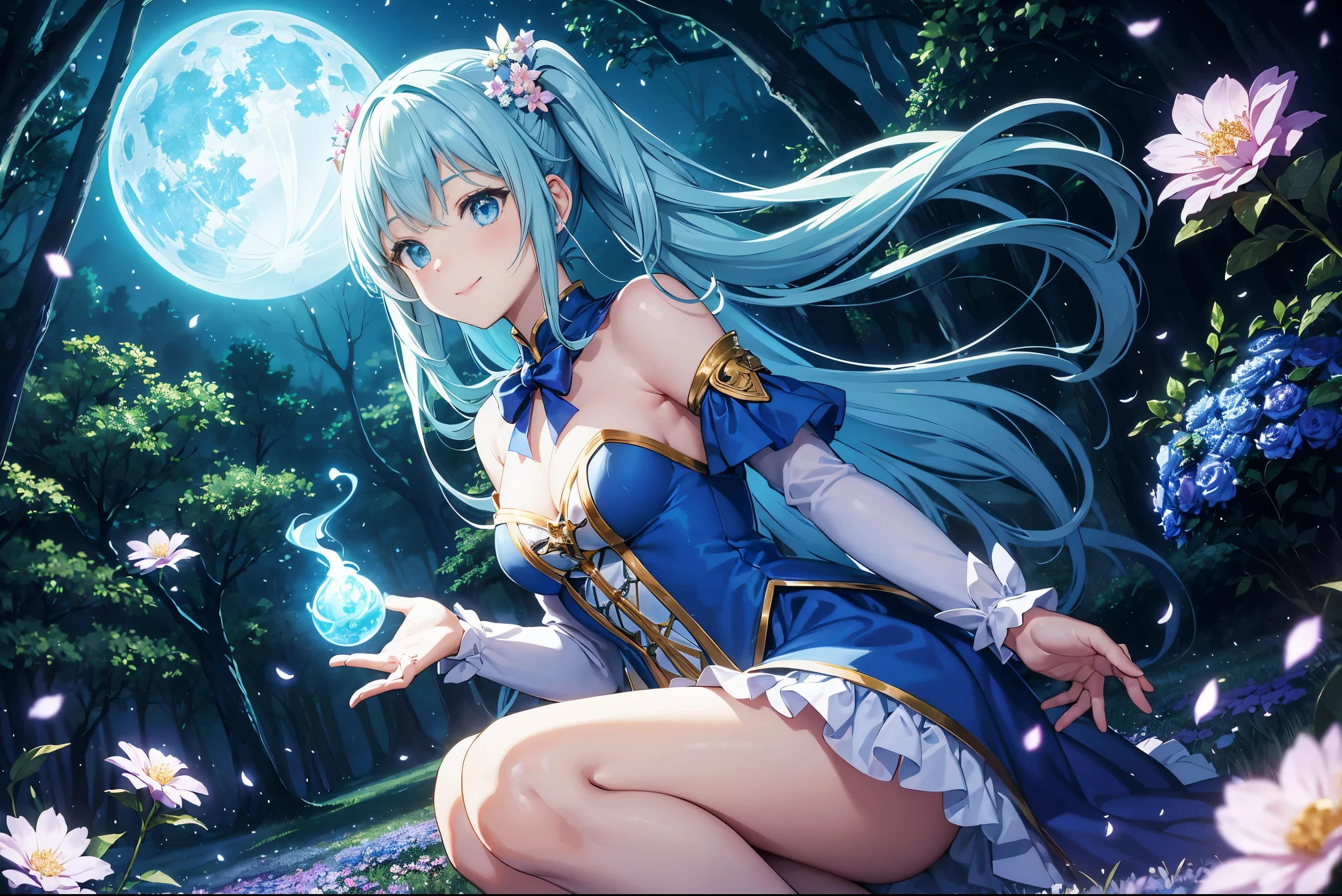 Dynamic Angle、 within a magical forest, a mystical fairy girl emerges, Light blue long hair、Hairstyle is Twintails、Adorable smile, the glow of the moonlight, flower bloom、The tree々While flapping its wings in the sparkling fireflies, There is a pure white owl、the air resonates with the ethereal symphony of nature's whispers, Creating a field where dreams and reality intersect,Fairy World、Fantasy World