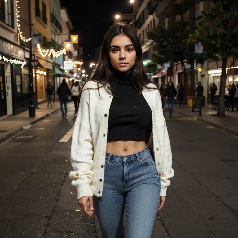 Mujer rasgos latinos, hermosa, Ultra Definition, cara fina, copa c, small waist and moderate hips, Brown Dark Hair, age 24, mirada dulce, fondo realista, extremadamente detallada, caminando por la ciudad de noche, Christmas lights, dressed in an oversized cream-colored sweater, abrigo largo negro, jeans y zapatillas, frio, abrigada, bonita