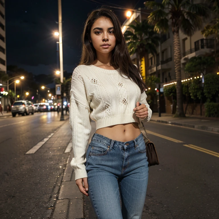 Mujer rasgos latinos, hermosa, Ultra Definition, cara fina, copa c, small waist and moderate hips, Brown Dark Hair, age 24, mirada dulce, fondo realista, extremadamente detallada, caminando por la ciudad de noche, Christmas lights, dressed in an oversized cream-colored sweater, abrigo largo negro, jeans y zapatillas, frio, abrigada, bonita