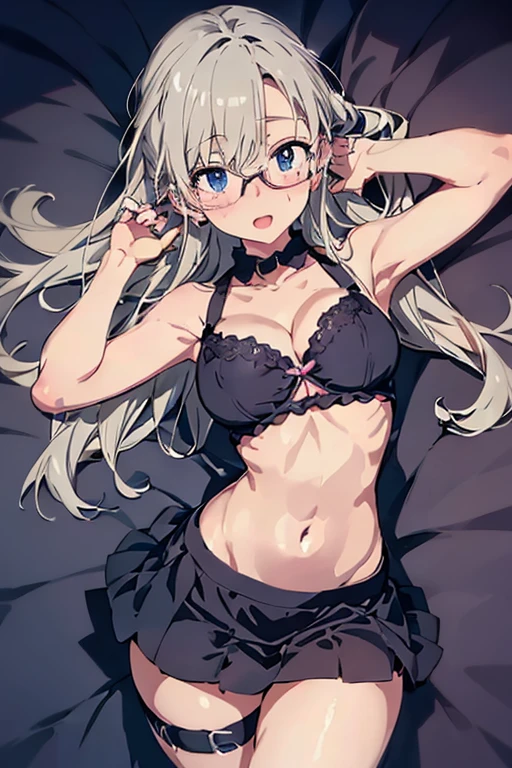 (black short skirt), dog collar, blue eyes, glasses little clothing, exposed skin, bra, navel, ((cute innocent face, open mouth, allure)), [[playful]]], [[[bedroom]]], front-view, [[Leaning forwards]], head down, butt up, arched back, provocative position, cleavage, sexy, arousing, realistic, ((perfect symmetrical body)), (slim hip), soft light, dawn light)), bloom, 1girl, super model body, very slim body, thin, super model body, ultra-detailed CG, 8k, high detailed, realistic, solo, intricate details),