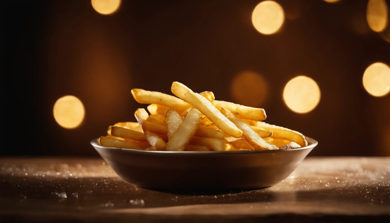 A high-resolution image of a plate of crispy, golden french fries, with the salt crystals glistening on their surface, capturing the irresistible appeal of this classic potato dish