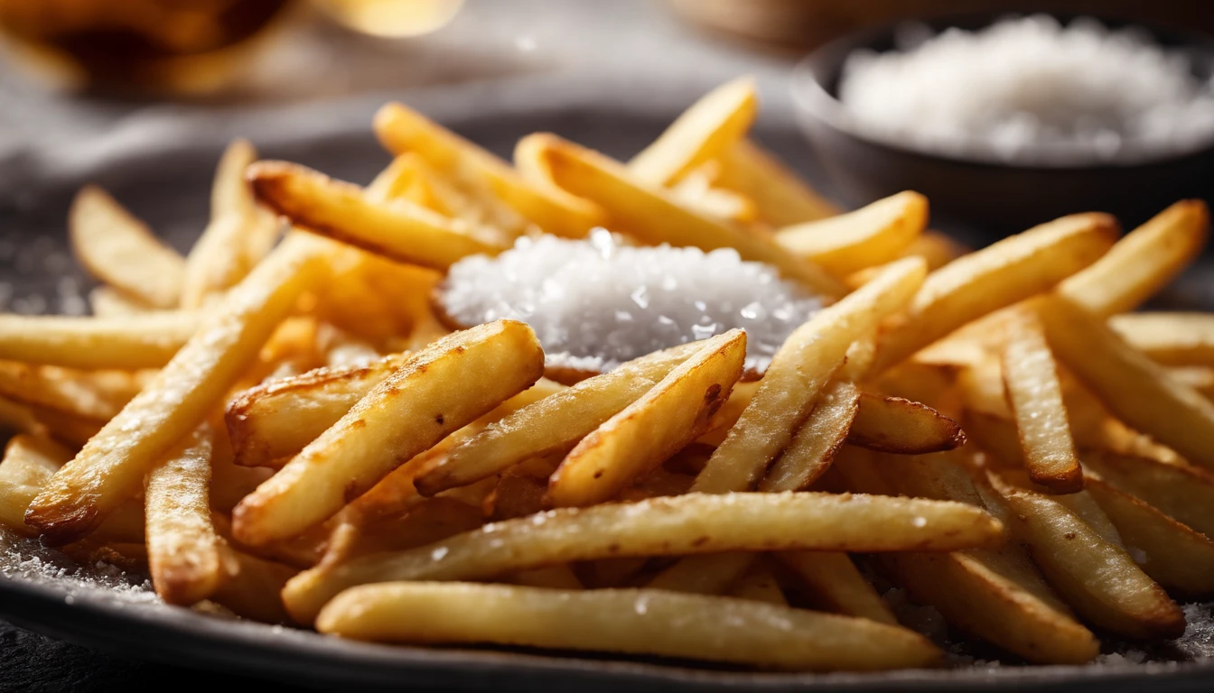 A high-resolution image of a plate of crispy, golden french fries, with the salt crystals glistening on their surface, capturing the irresistible appeal of this classic potato dish