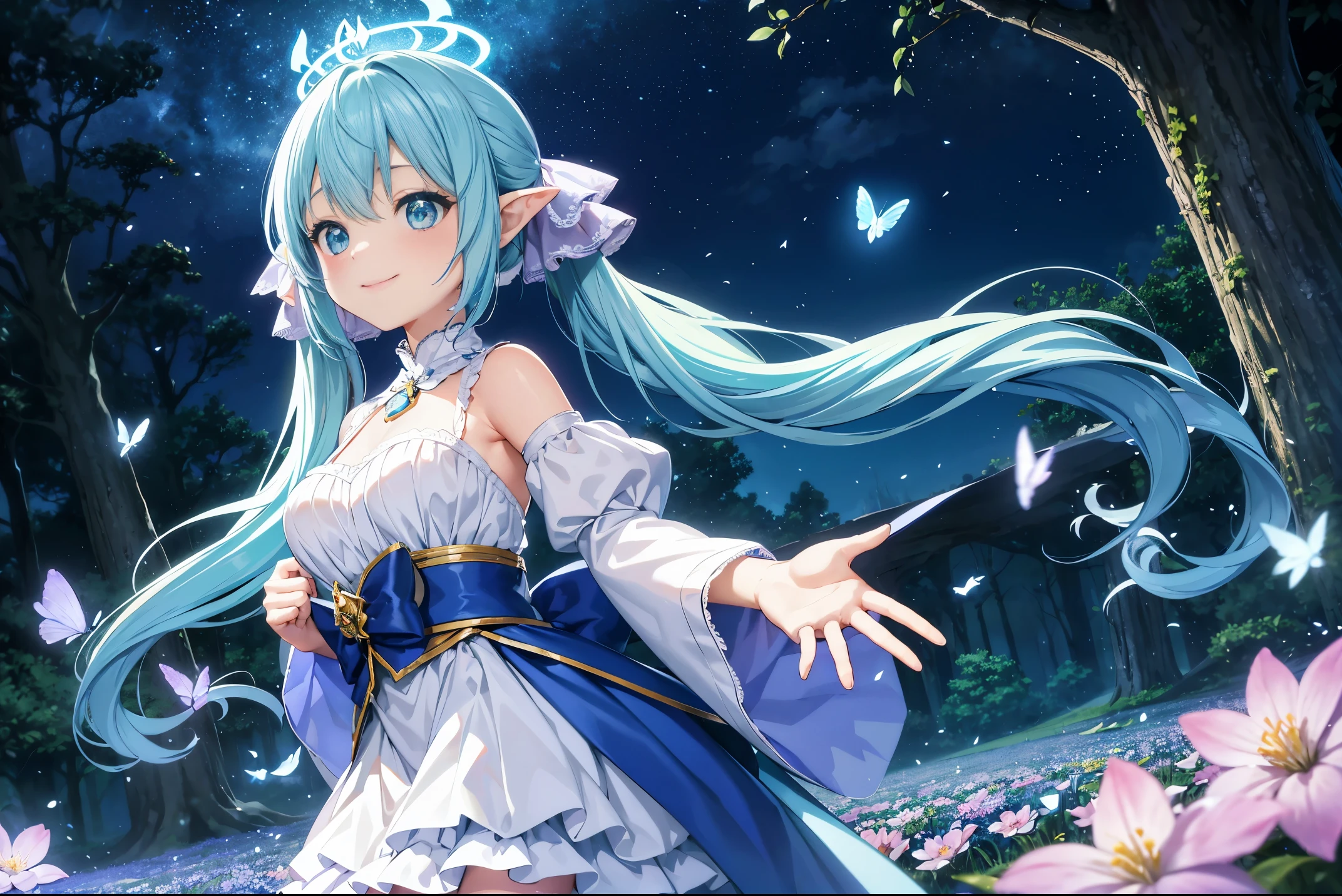 Dynamic Angle、 within a magical forest, a mystical fairy girl emerges, Light blue long hair、Hairstyle is Twintails、Adorable smile, the glow of the moonlight, flower bloom、The tree々While flapping its wings in the sparkling fireflies, There is a pure white owl、the air resonates with the ethereal symphony of nature's whispers, Creating a field where dreams and reality intersect,Fairy World、Fantasy World