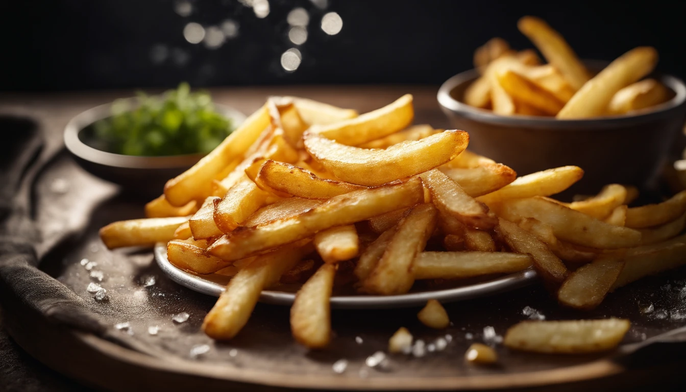 A high-resolution image of a plate of crispy, golden french fries, with the salt crystals glistening on their surface, capturing the irresistible appeal of this classic potato dish