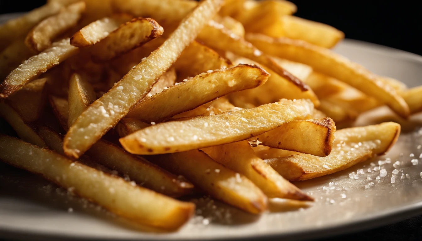 A high-resolution image of a plate of crispy, golden french fries, with the salt crystals glistening on their surface, capturing the irresistible appeal of this classic potato dish