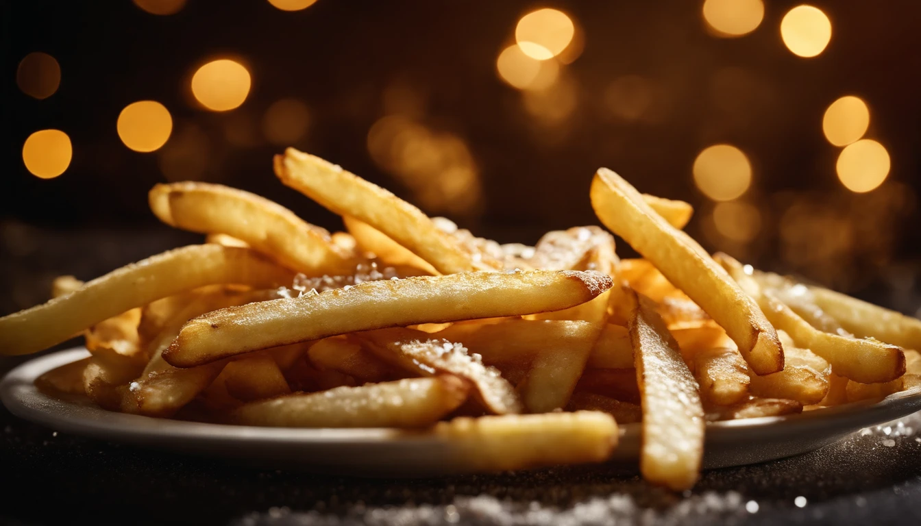 A high-resolution image of a plate of crispy, golden french fries, with the salt crystals glistening on their surface, capturing the irresistible appeal of this classic potato dish