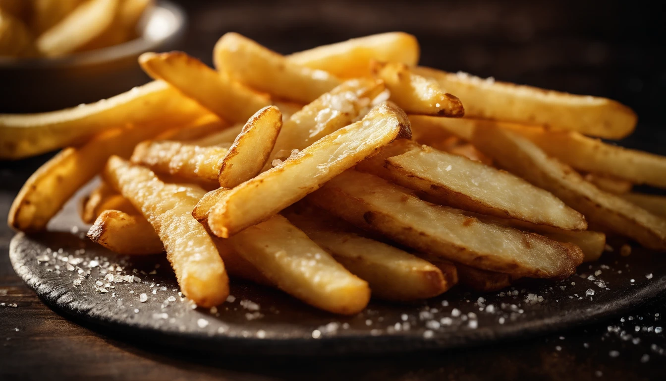 A high-resolution image of a plate of crispy, golden french fries, with the salt crystals glistening on their surface, capturing the irresistible appeal of this classic potato dish