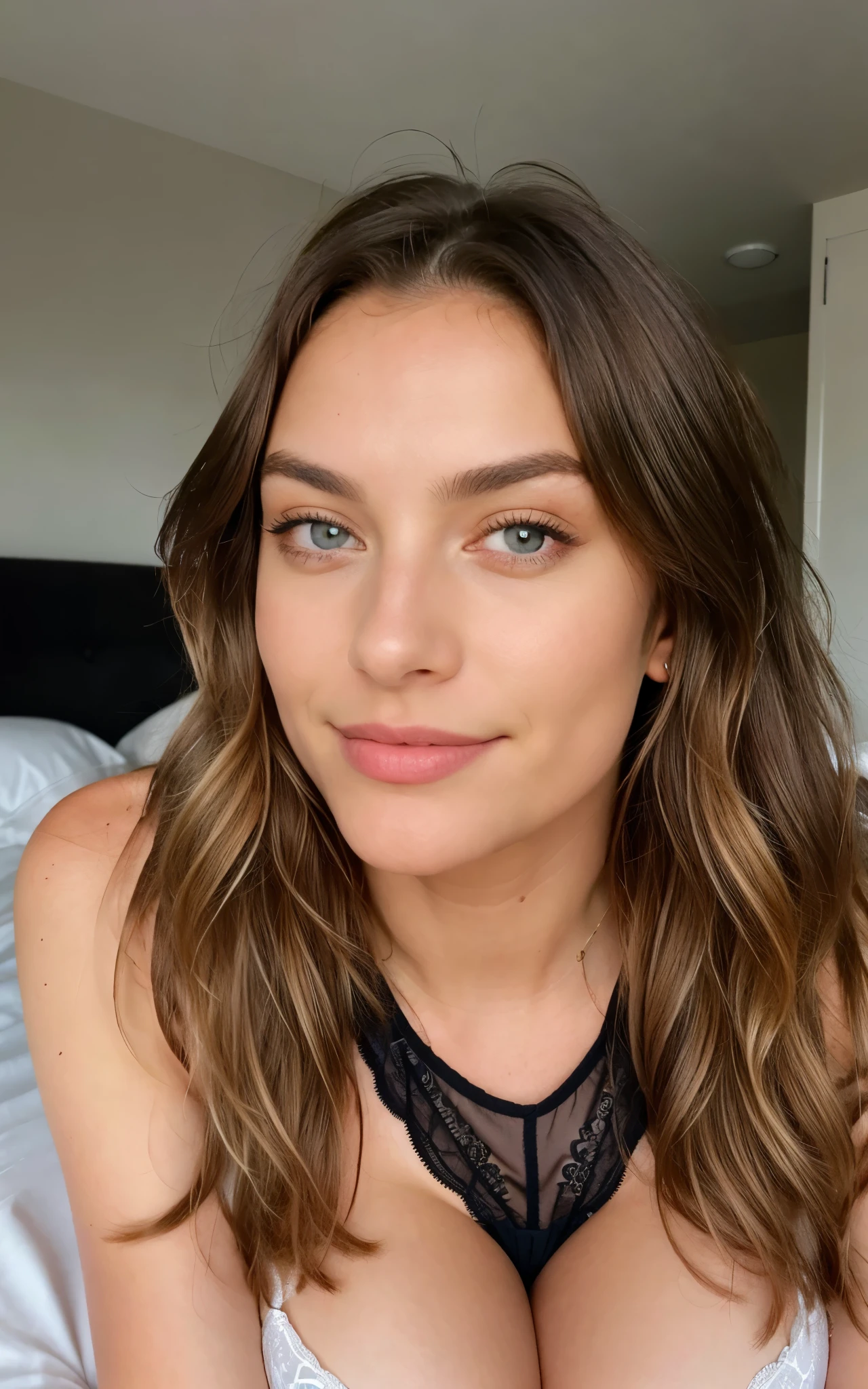Beautiful brunette with blonde highlights lies on the bed in nice lingerie , complete body, liegt auf dem bett, wirkliches Leben nature, Highly detailed, 22 Jahre alt, Unschuldiges Gesicht, Natural wavy hair, blaue Augen, high resolution, Meisterwerk, best quality, Komplizierte hohe Detailgenauigkeit, Highly detailed, Scharfer Fokus, Detaillierter Skin, realistic skin Textur, Textur, Detaillierte Augen, Professionell, 4K, charming smile, aufgenommen mit Canon, 85mm, light depth of field, Kodak Vision Farbe, Perfectly fitting body , Extrem detailliert, Fotografie_\(Ultra\), fotorealistisch, realistisch, Nachbearbeitung, Maximale Details, Rauhigkeit, wirkliches Leben, shot on Kodak Gold 400