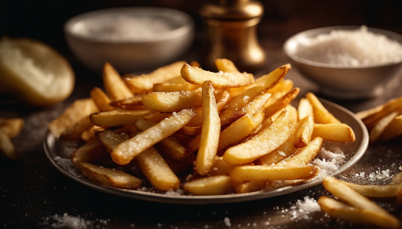A high-resolution image of a plate of crispy, golden french fries, with the salt crystals glistening on their surface, capturing the irresistible appeal of this classic potato dish