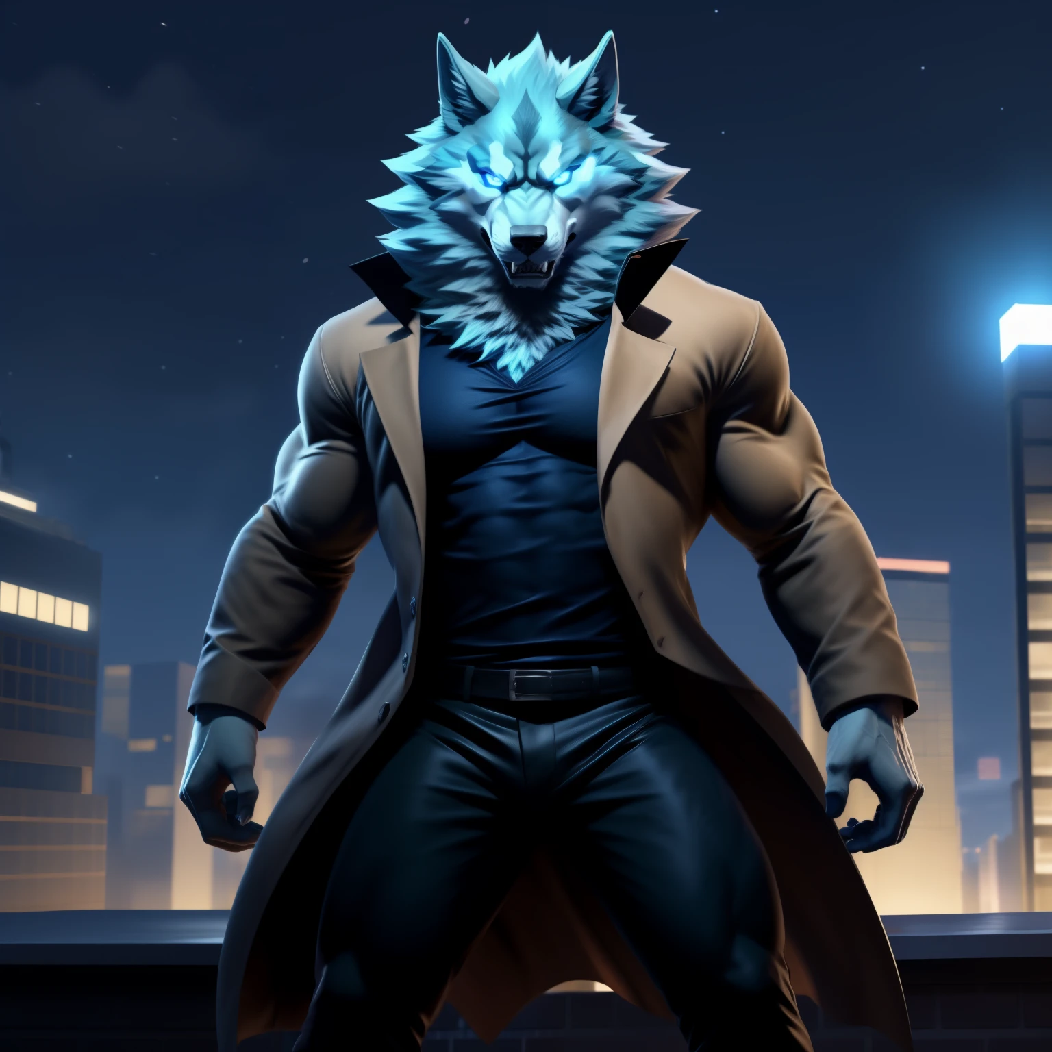 Solo, male, 4k quality, muscular wolf, Ogami Shirou, muscle, standing, blue glowing eyes, dangerous, sharp teeth, dark pants, dark shirt, beige coat, wind, rooftop, night,