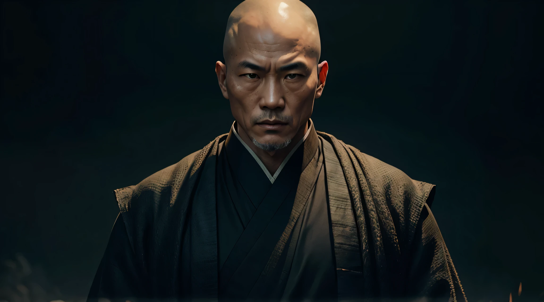 A detailed photo of a serious looking Chinese monk, der direkt in die Kamera blickt, Aufrecht stehend,Hands relaxed,quadratische Backen, manly face, winkles, Buff aussehend, wears a muted one, gebrannten grauen Kasaya, Detaillierte Kleidungstextur, Realistische Hautstruktur, schwarzer Hintergrund, Scharfer Fokus, Vorderansicht, taillen-up-schuss, Hoher Kontrast, Starke Hintergrundbeleuchtung, Actionfilm dunkle Farbe lut, filmische Luts.