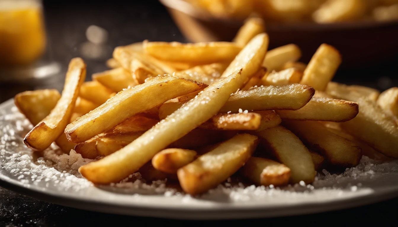 A high-resolution image of a plate of crispy, golden french fries, with the salt crystals glistening on their surface, capturing the irresistible appeal of this classic potato dish