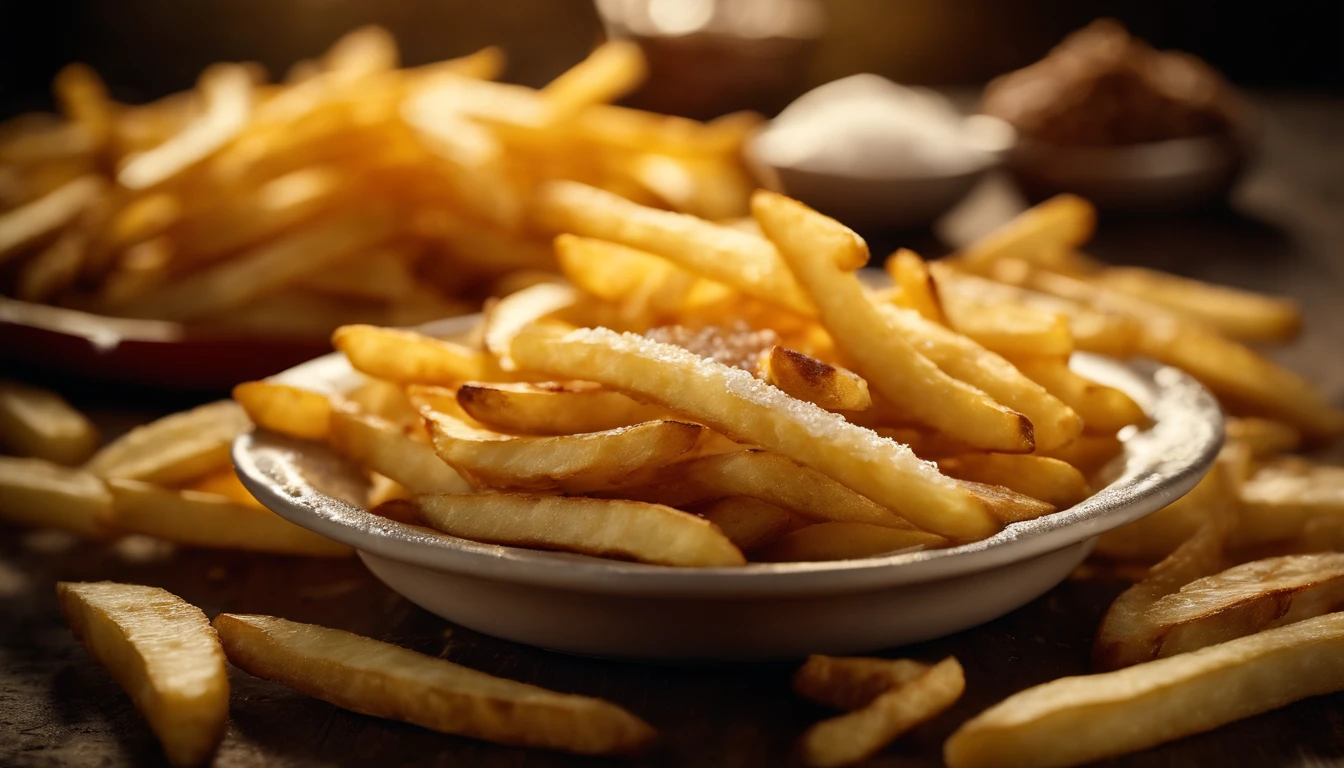 A high-resolution image of a plate of crispy, golden french fries, with the salt crystals glistening on their surface, capturing the irresistible appeal of this classic potato dish