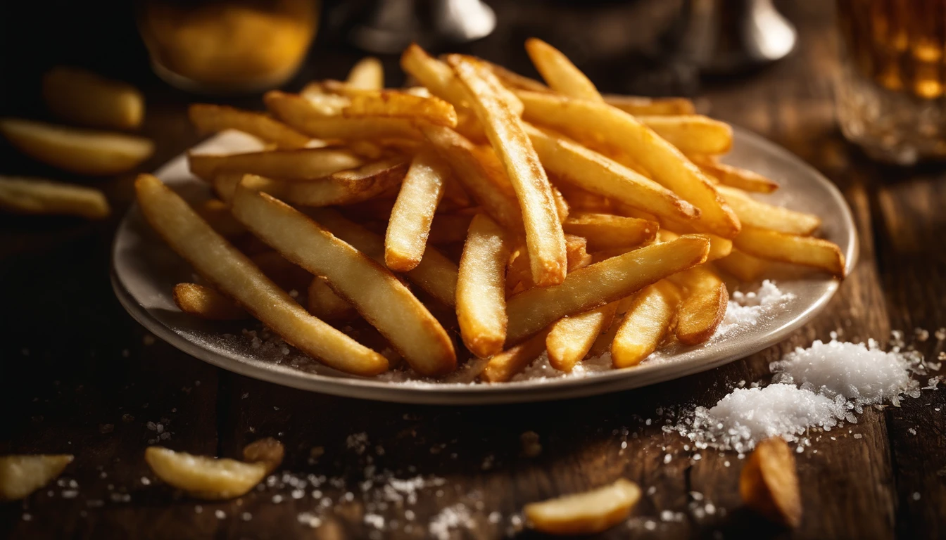 A high-resolution image of a plate of crispy, golden french fries, with the salt crystals glistening on their surface, capturing the irresistible appeal of this classic potato dish
