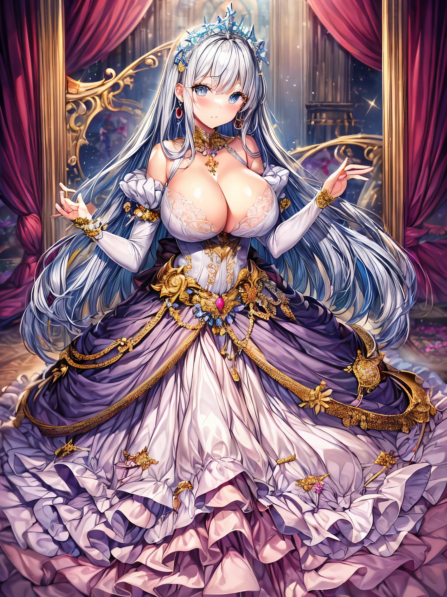 ((anime artstyle)),(Masterpiece),(Best Quality), (Super Detail),((Very Delicate and Beautiful)),(((Solo))),((full body)),(((1 princess in gorgeous princess rococo ball gown with voluminous hoop skirt))),((crinoline)),Long train,((bling-bling)),((beautiful embroidery and jeweled ball gown dress)),(gorgeousfull embroidery and lace),(gorgeous gemstone jewelry),detailed face and eyes,jewel-like eyes,((extremely voluminous straight Hair,Very Long Straight Hair)),(((gigantic boobs))),cleavage,gorgeousfull hair ornament,((gorgeousfull glitter jeweled tiara)),luxury palace,((Dynamic Angle)),Looking at viewer,((gorgeous princess rococo ball gown with voluminous hoop skirt)),full body