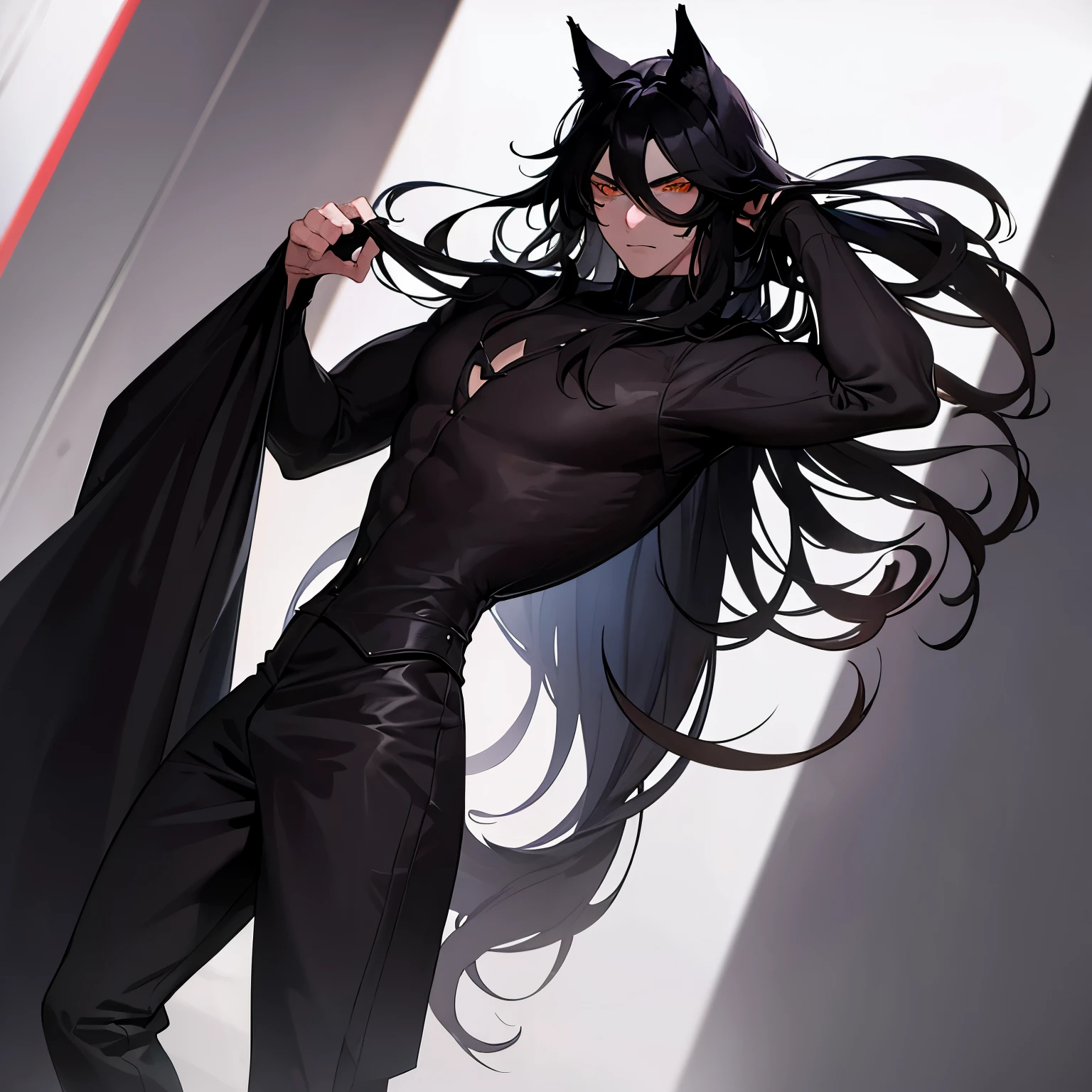 A dark wolf man with long black hair with a frown stepping out of darkness