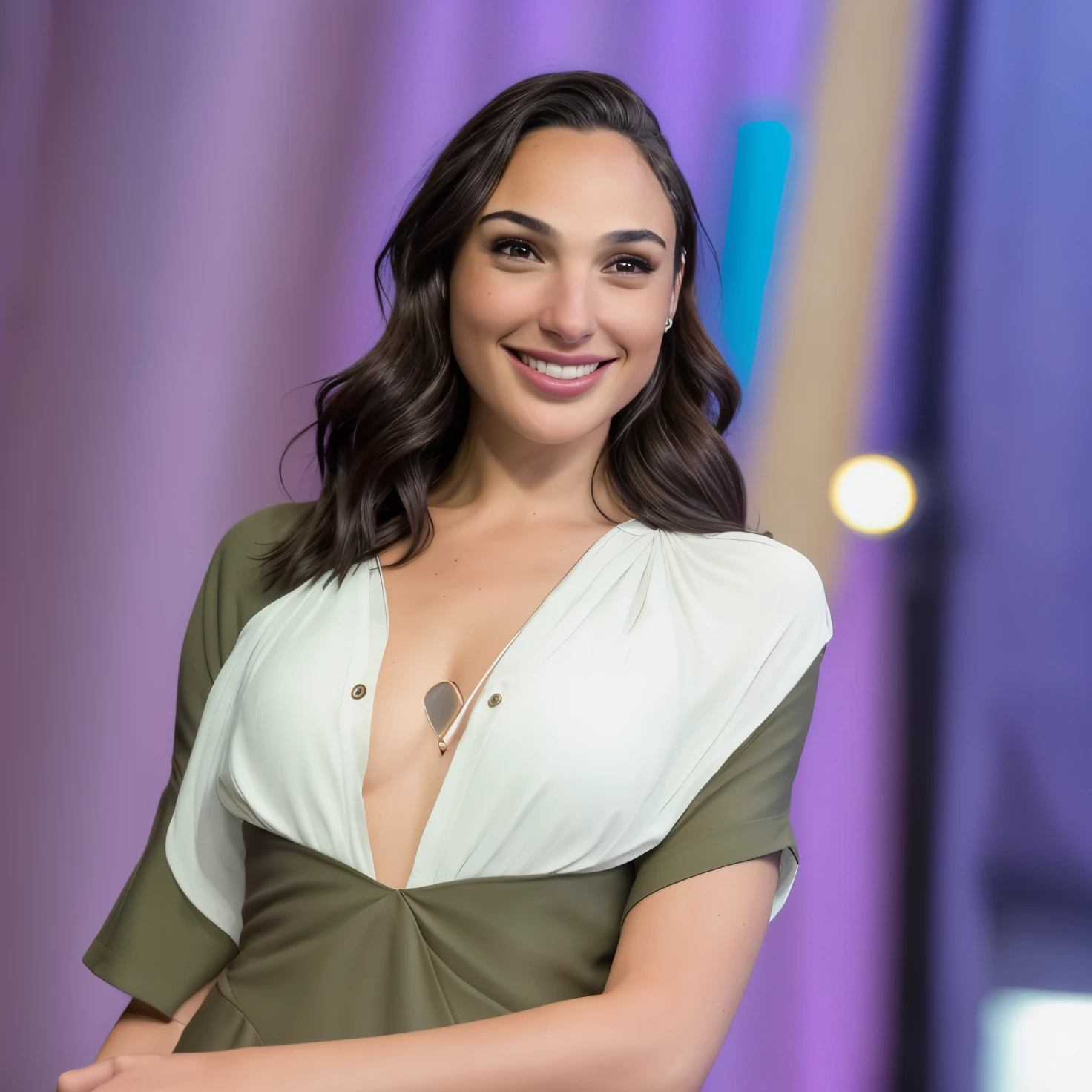Sexy gal gadot smiling , olive  skin tone  , flat chest , small breast ,((Ultra realistic:1.5 ))  , sfw ,  jaw-dropping beauty, perfect skin,  jaw dropping beauty, on , seductive expression , perfect face, (Highly detailed skin:1.3, highly detailed face :1.5 ),[freckles], natural lighting, (direct light:0.4), photorealistic, highgest quality, masterpiece,  (smiling:0.5), sophisticated hairdo, highly detailed eyes, highly detailed skin surface, detailed hair, no make-up, intrincate details, edge light, 40mm, 8k, detailed, ultra detail, UHD, HDR, SFW