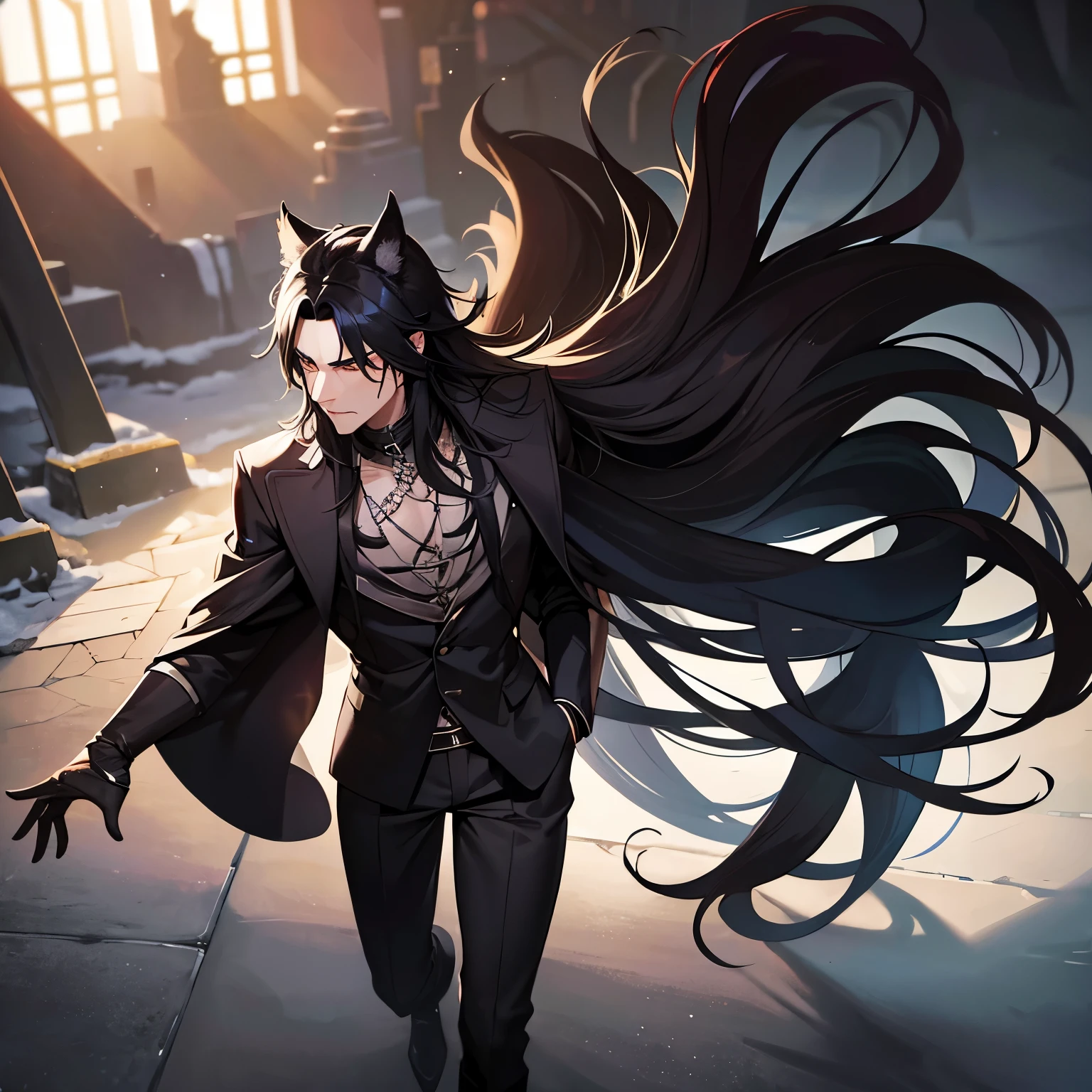A dark wolf man with long black hair with a  frown stepping out of darkness