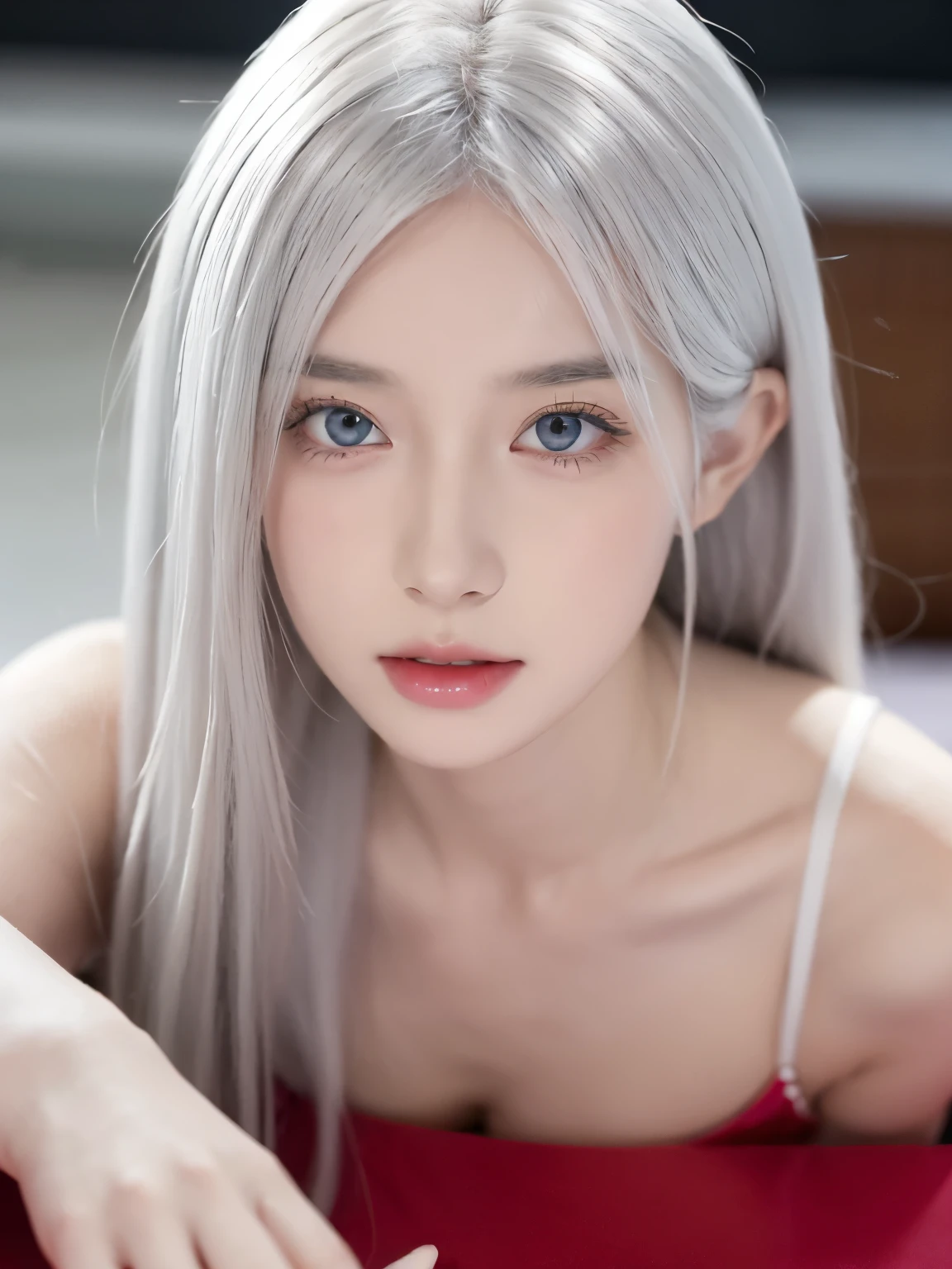 Be a girl with pink skin, pretty eyes (red eyes) as deep as the night sky, Half sad face lying on the table, White hair, looking at you, With anime/Semi-realistic art style