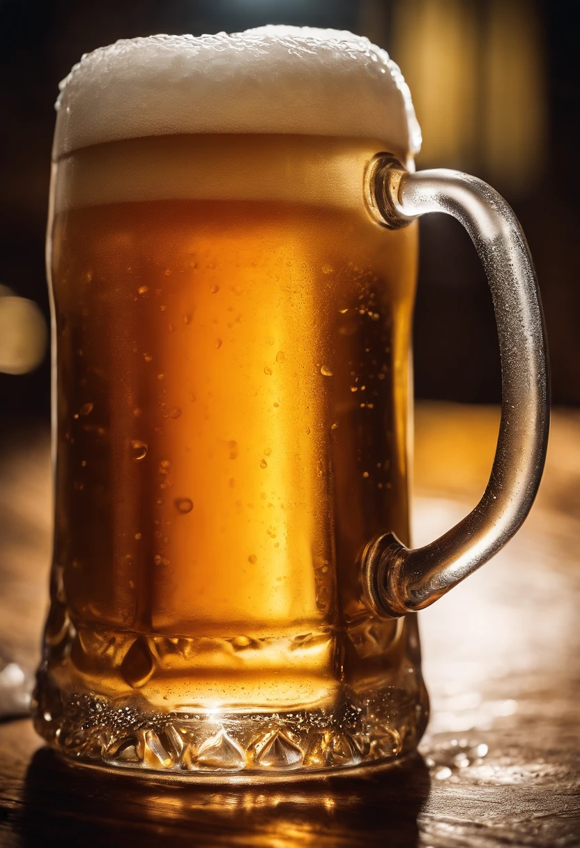 a close-up shot of a beer mug with condensation on the outside, emphasizing the beer’s refreshing and thirst-quenching qualities
