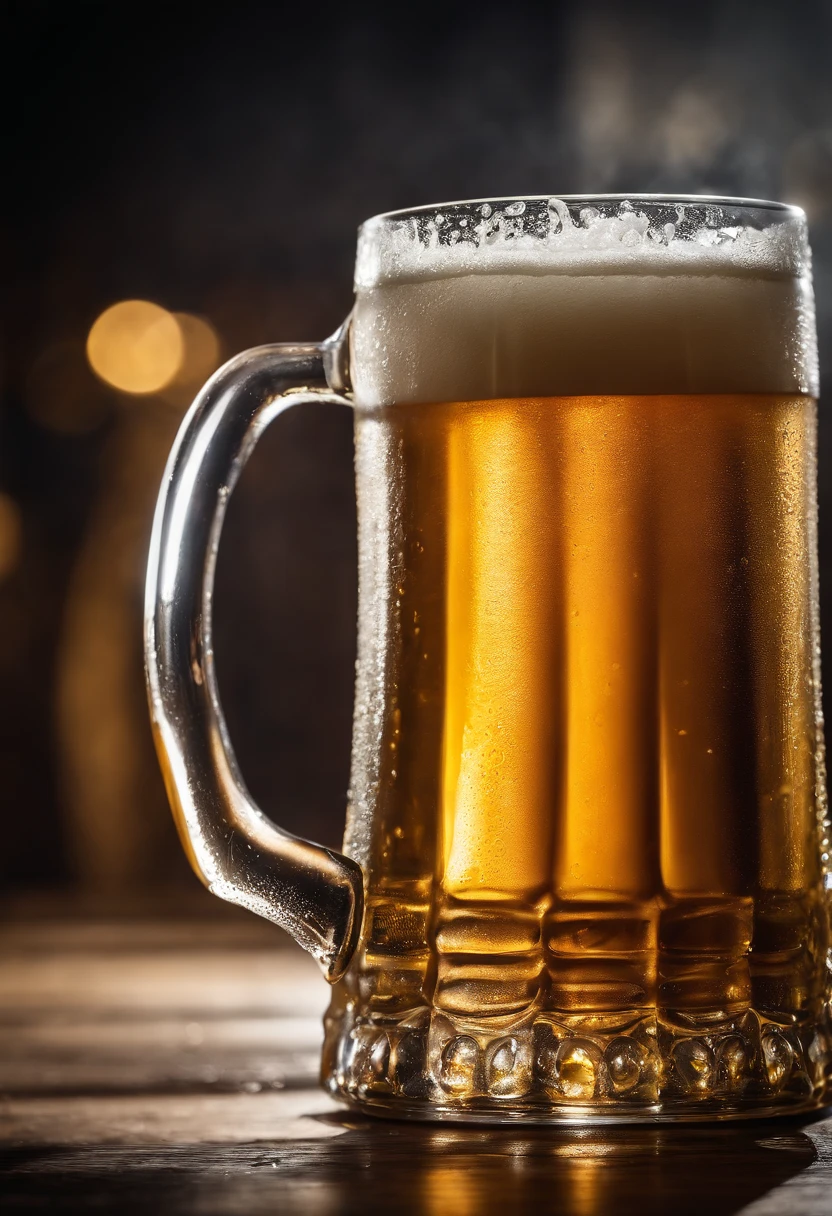 a close-up shot of a beer mug with condensation on the outside, emphasizing the beer’s refreshing and thirst-quenching qualities