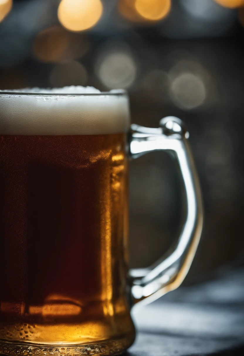 a close-up shot of a beer mug with condensation on the outside, emphasizing the beer’s refreshing and thirst-quenching qualities