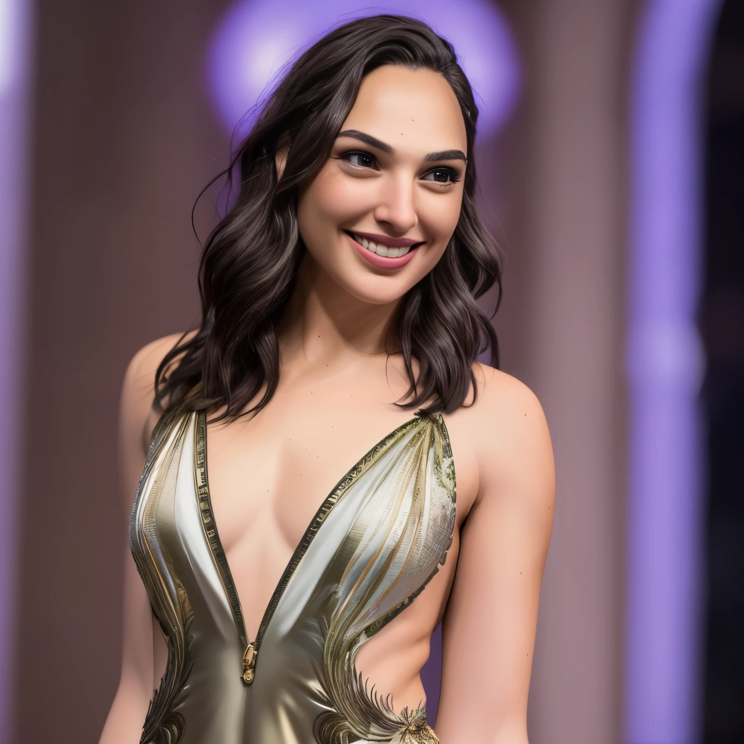 Sexy gal gadot smiling , olive  skin tone  , flat chest , small breast ,((Ultra realistic:1.5 ))  , sfw ,  jaw-dropping beauty, perfect skin,  jaw dropping beauty, on , seductive expression , perfect face, (Highly detailed skin:1.3, highly detailed face :1.5 ),[freckles], natural lighting, (direct light:0.4), photorealistic, highgest quality, masterpiece,  (smiling:0.5), sophisticated hairdo, highly detailed eyes, highly detailed skin surface, detailed hair, no make-up, intrincate details, edge light, 40mm, 8k, detailed, ultra detail, UHD, HDR, SFW
