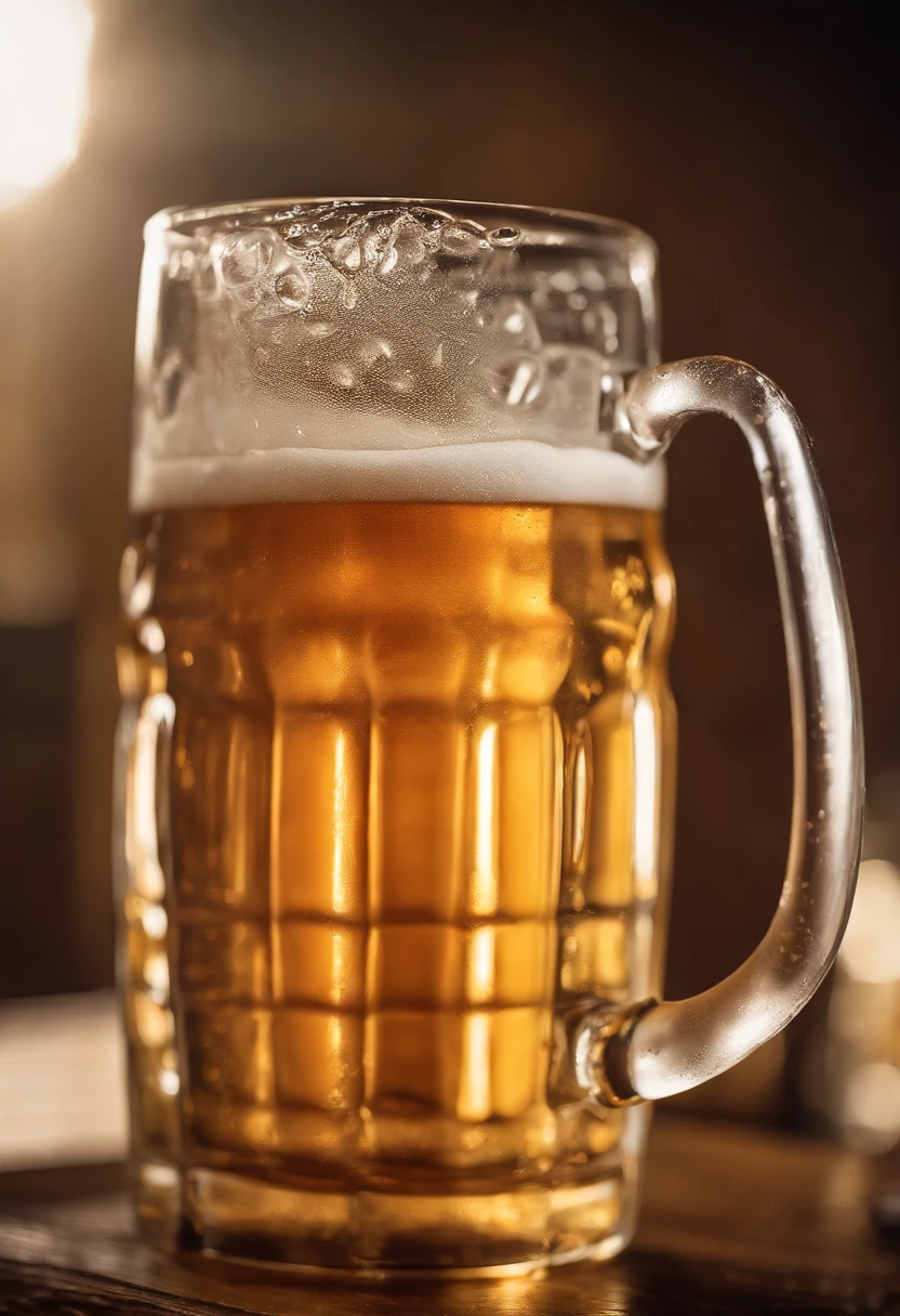 a close-up shot of a beer mug with condensation on the outside, emphasizing the beer’s refreshing and thirst-quenching qualities