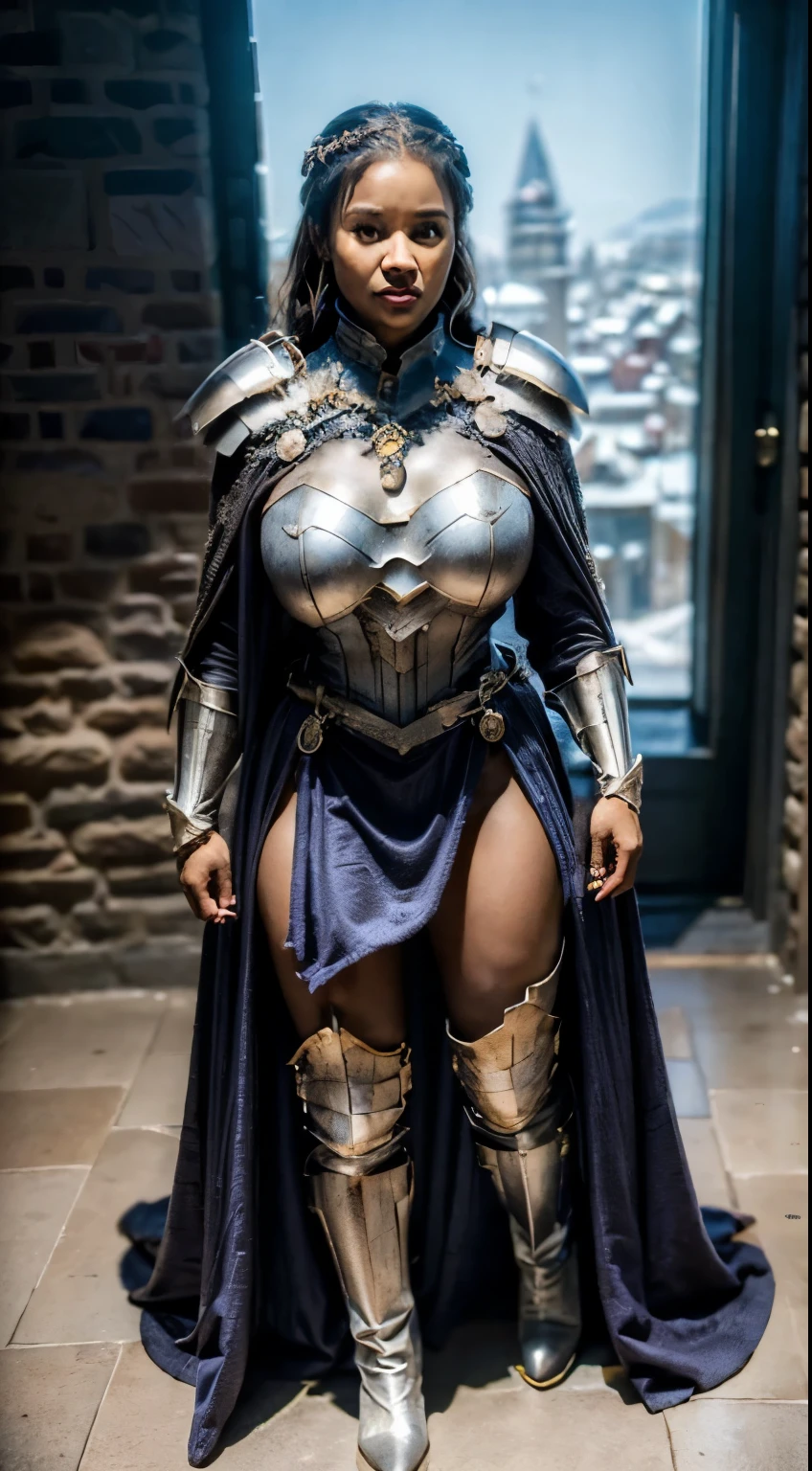 ((instagram photo)) full body photo of 28 year old beautiful ((African woman superhero costume)) strong ((girlboss)) fierce in a ((game of thrones tv show and fictional city of westeros)) (high detailed skin:1.2) 8k uhd, dslr, soft lighting, high quality, film grain ((amateur photo))