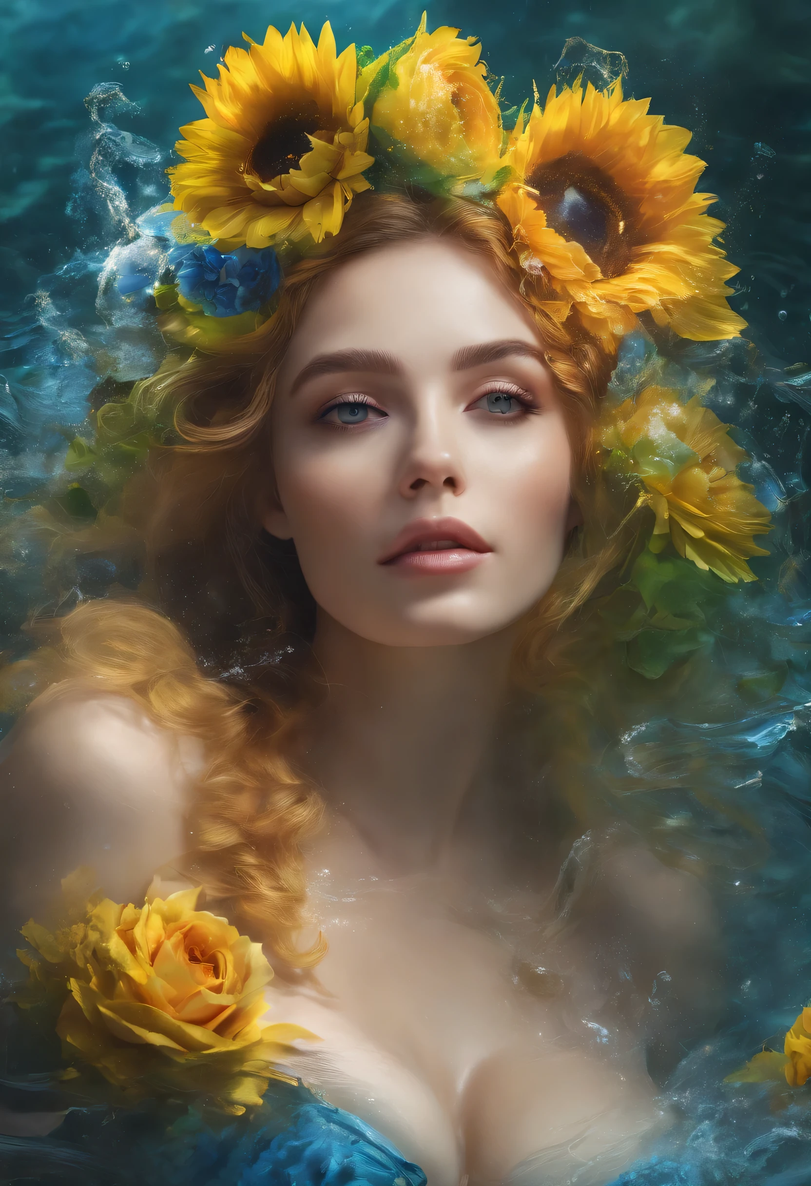 ((top-quality, 8K)), (Realistic), (Face Focus: 1.1), (Yellow,red, blue,green: 1.3), ukrainian woman in a dress that is in the water, closeup fantasy with water magic, fine art fashion photography, monia merlo, inspired by irakli nadar, inspired by Franz Xaver Winterhalter, with blooming flowers around her, inspired by Tatiana Hordiienko, jean-sebastien rossbach, karol bak uhd, vynok. ukrainan flower headband, sunflowers, vyshyvanka dress, pom-poms, roses, dreamy, (seductive), (erotic), (huge breasts:1.5),big chest,well-rounded figure, no bra, (open chest) , topless, , (open chest), bare, revealing