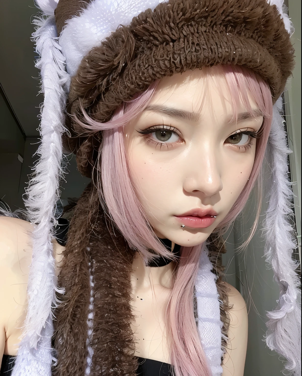 Araffe con cabello rosado y vistiendo un gorro de pelo y un top negro., Kemonomimi, Hermosa Delphine, Fairycore, Sakimichan, Shikamimi, she Parece una mezcla de grimes, Parece una mezcla de grimes, Chiho, Cabello Harajuku, e-chica, Parecido a una mezcla de mugres, E - Chica