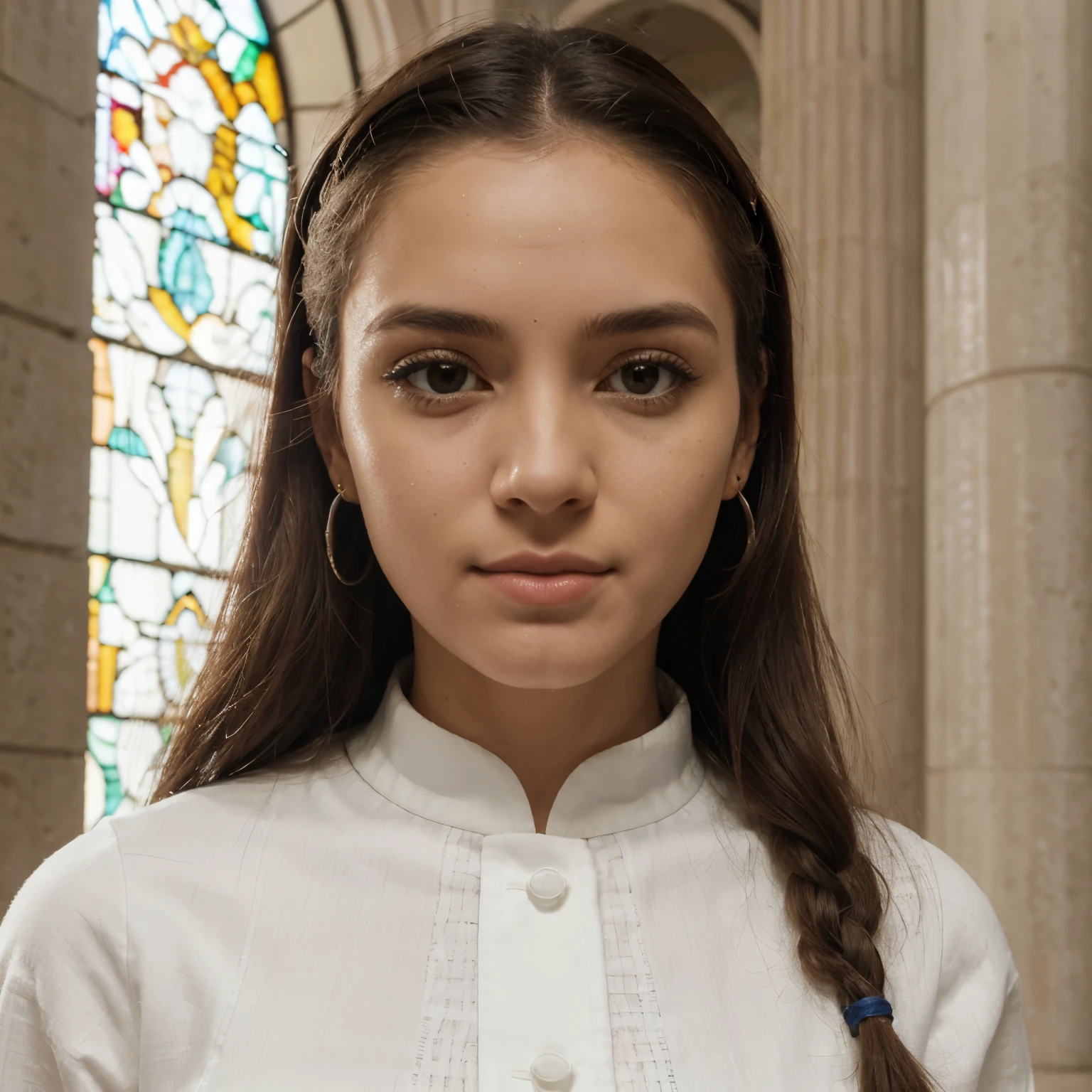 (papel de parede CG Unity 8k altamente detalhado), (tmasterpiece), (Best quality at best), (super detailed Best Illustration), (A melhor sombra), (realista:1.1),(rosto de amor puro_v1:0.5),( bonito),(Woman),(beautiful idol),(beautiful idol),pele humana real, brilho do flare da lente, Sombreamento, A luz da janela traseira iluminada,( luz suave natural), filmgrain,((1 girl)), ultrahigh-resolution, (O detalhe: 1.4), olhos castanhos, sorriso lascivo, seios grandes bonitos, (Cabelo Solo Fukang), (Princesa Corte de cabelo curto, low braided ponytail)), ((White Summer Sunrise Embroidered Dress Maxi Linen)), ((China Tan Amisé White Clothing (material transparente)), ((Maior)) , (cowboy baleado), (Medium view a cena ), fundo vago, 13 anos, ((soio)), (Pele brilhante e brilhante), Wearing a cyberpunk micro bikini, (espreitando o espectador), (frontal lobe), ()), (sem maquiagem), (molhado com), (suado) (olhos de estrabismo: 0.8), (Yingshi. Saint Peter&#39;cidade da catedral, (indoor basilica), (Estilo romano antigo), (bico: 0.3), (feliz512:0.5), (O belo_erro-8500:0.5), (A moth closer)